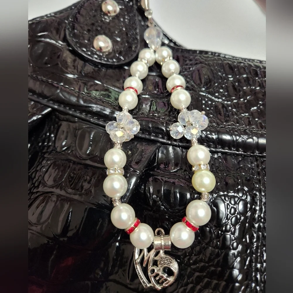 Hand Crafted Purse/Bag Charm Faux Pearls Crystals with Mom Pendant 8 1/4 inches